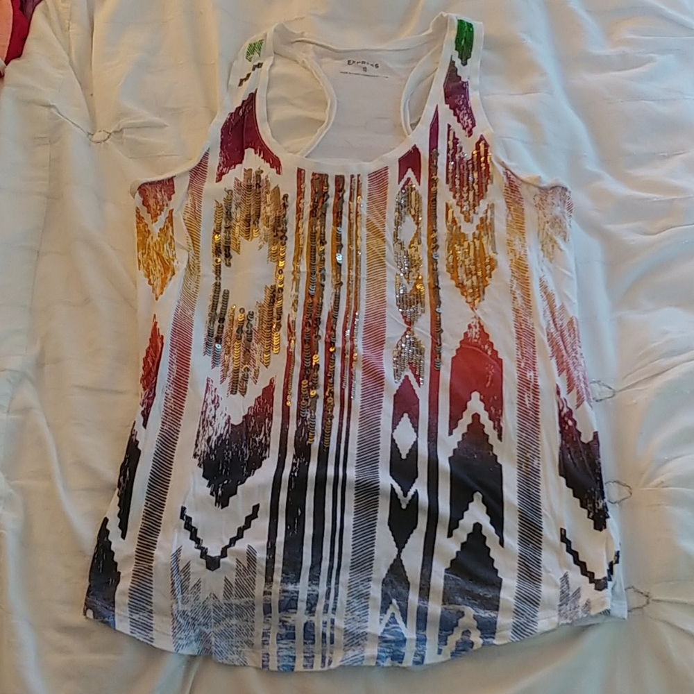 EXPRESS Tribal Print & Sequin Racerback Tank Top